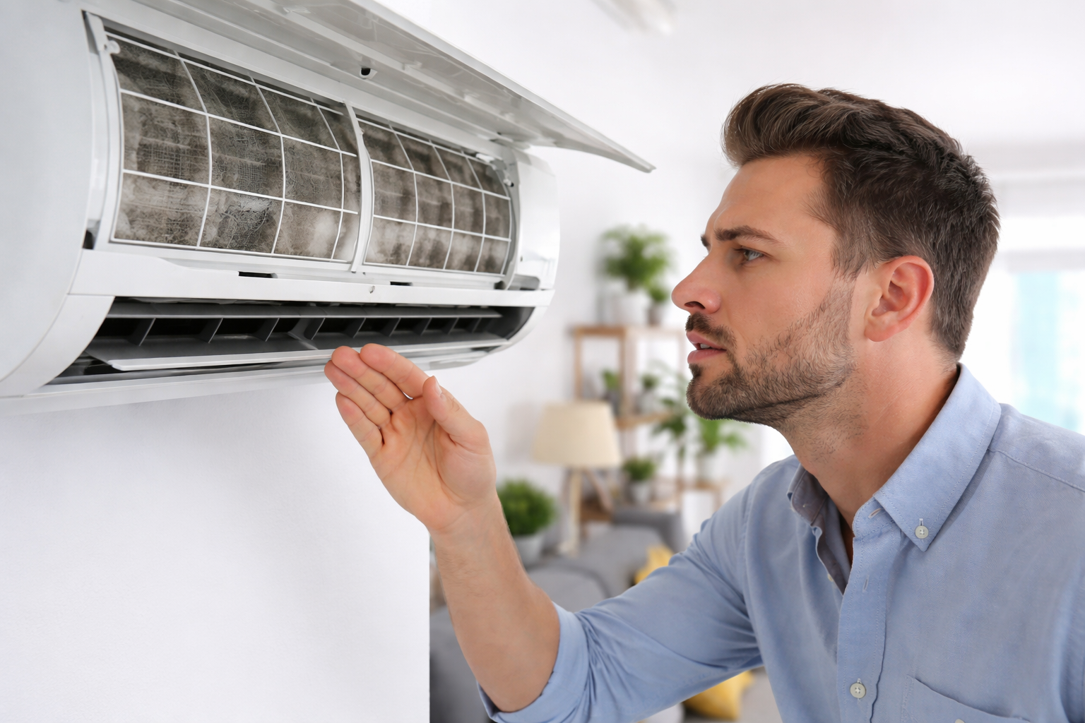 Photo d'un homme en train de contrôler une climatisation encrassé au niveau du filtre